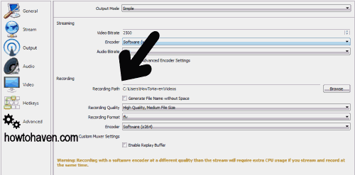 Location of the Recording Path field in Settings