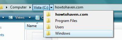 Vista explorer showing drop-down menu with all folders at that level