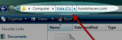 Explorer showing the clickable folder path in Windows Vista